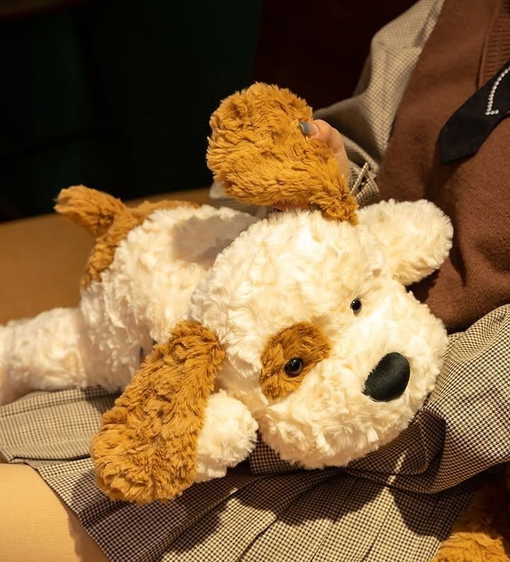 White teddy bear with brown accents held by a person wearing a coat.