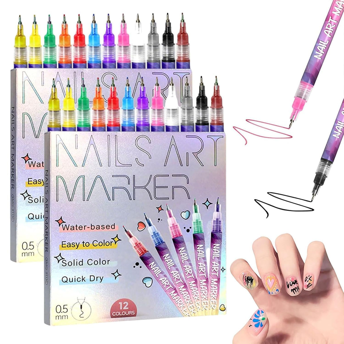 Nail art markers with packaging and a hand displaying painted nails.