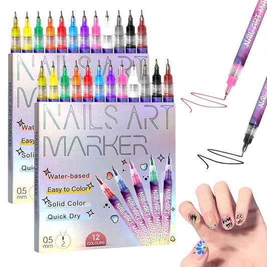 Nail art markers with packaging and a hand displaying painted nails.
