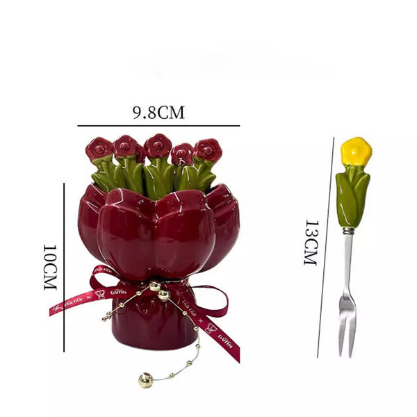 Ceramic Fruit Fork Set with Bouquet Storage Jar