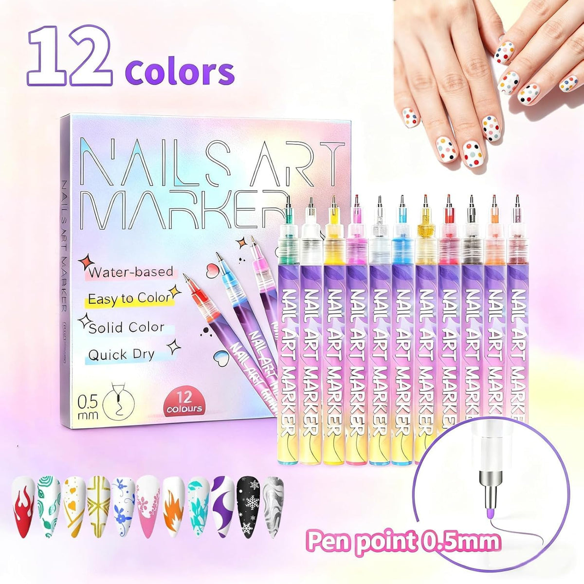 Nail art marker set with 12 colors, packaging, and nail designs on a gradient background.