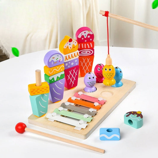 Colorful wooden toy set with ice cream cones, musical instruments, and animals on a white surface.