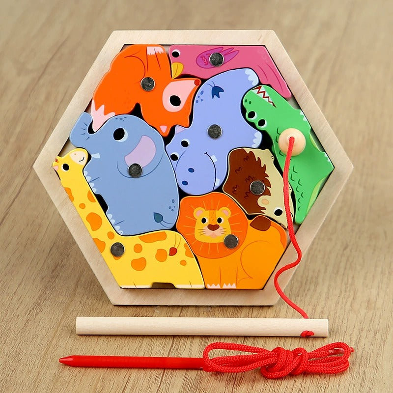 Hexagonal wooden puzzle with colorful animal figures on a wooden surface