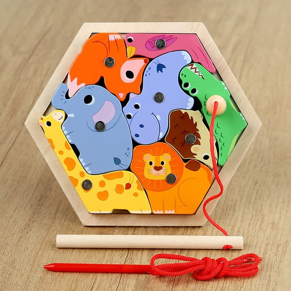 Hexagonal wooden puzzle with colorful animal figures on a wooden surface