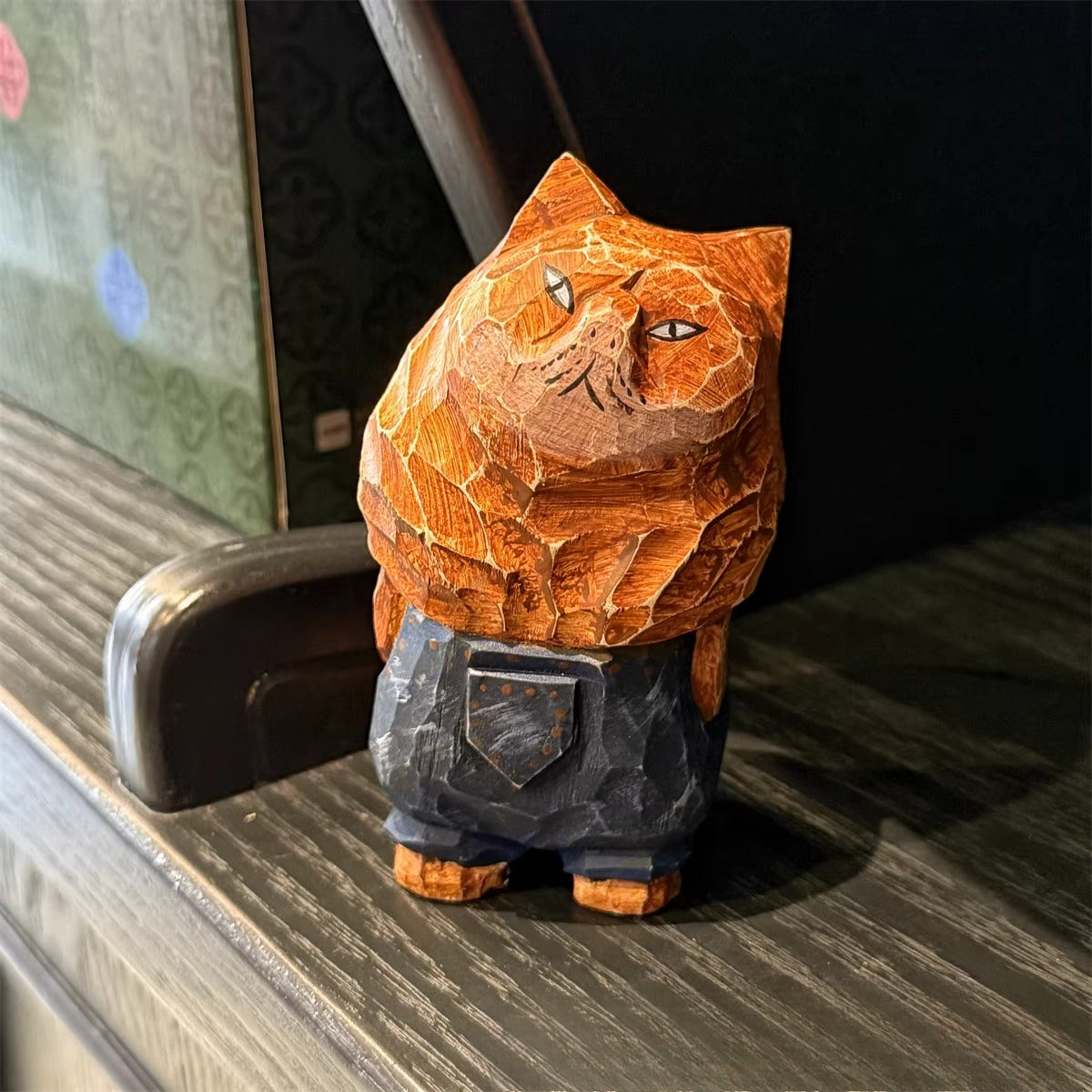 Hand-Carved Wooden Cat Desktop Ornament
