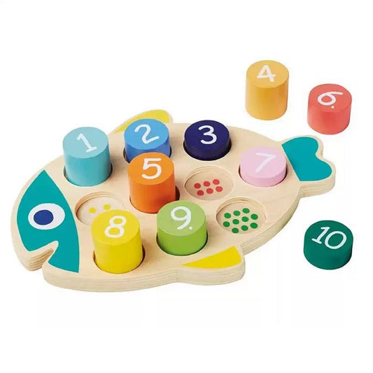 Wooden number puzzle toy shaped like a fish with colorful cylindrical numbers on a white background