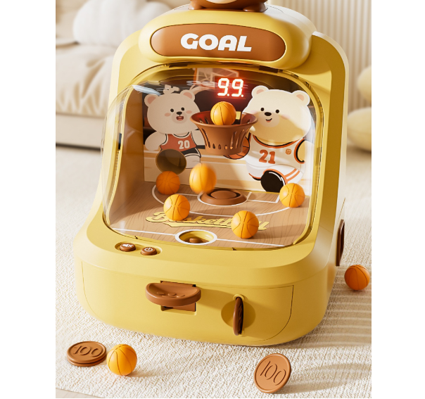 Toy basketball machine with teddy bear design on a light background
