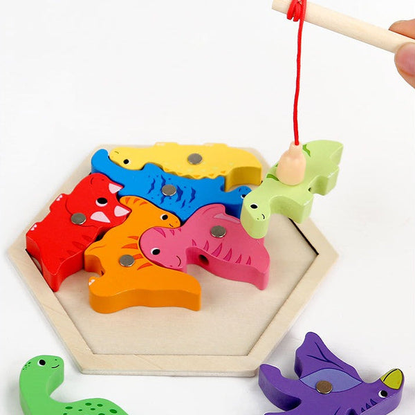 Wooden fishing game with colorful dinosaur-shaped hooks on a white background