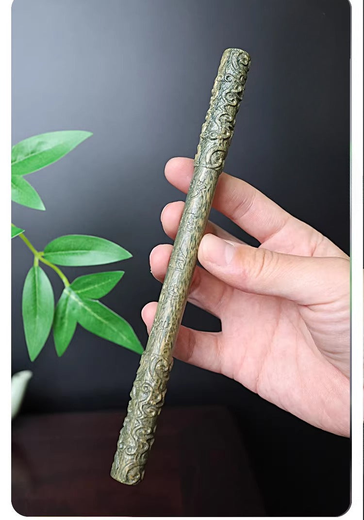 Hand-Carved Green Sandalwood Golden Cudgel Display