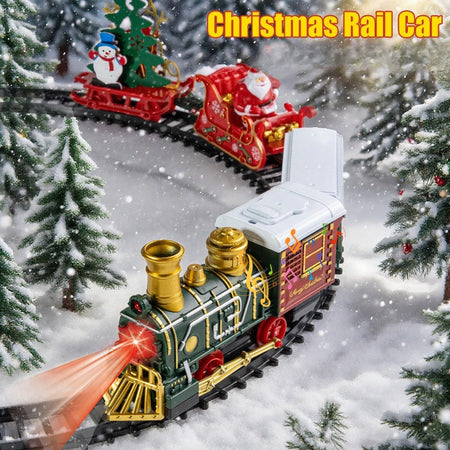 Toy train set with Santa Claus and Christmas tree on a snowy track, labeled 'Christmas Rail Car'.