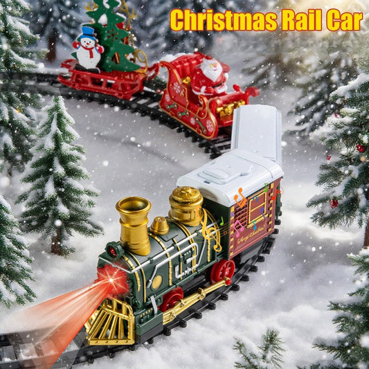 Toy train set with Santa Claus and Christmas tree on a snowy track, labeled 'Christmas Rail Car'.
