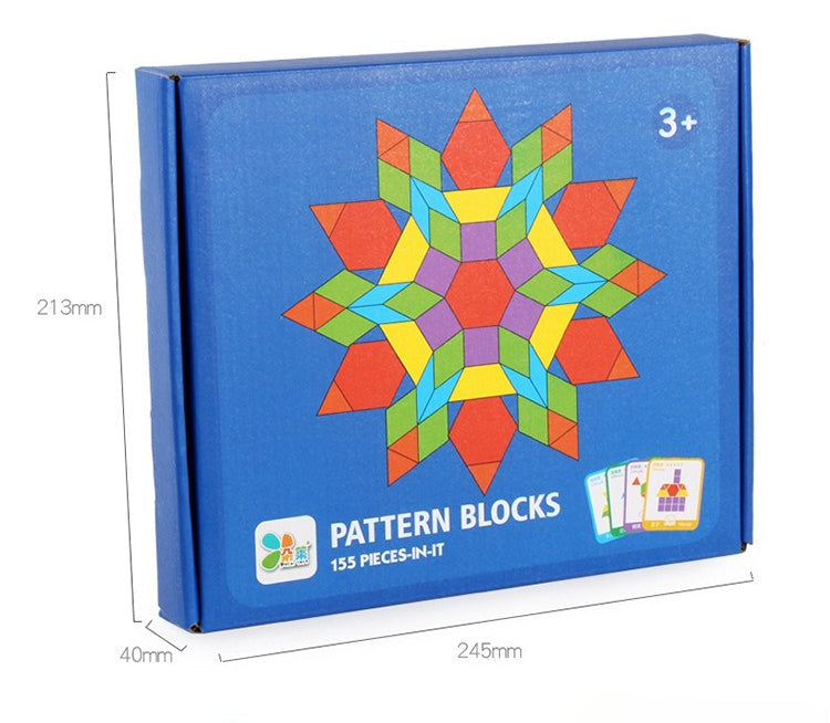 Pattern blocks set with colorful geometric shapes and a blue box packaging.