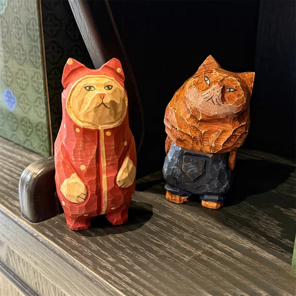 Hand-Carved Wooden Cat Desktop Ornament