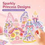 Sparkly princess designs with a hand holding a card, on a pink background