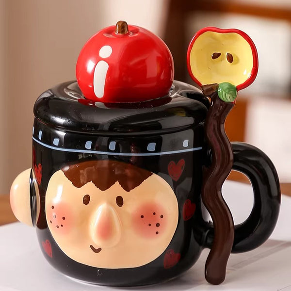 Ceramic Apple Face Mug with 3D Lid and Spoon Set