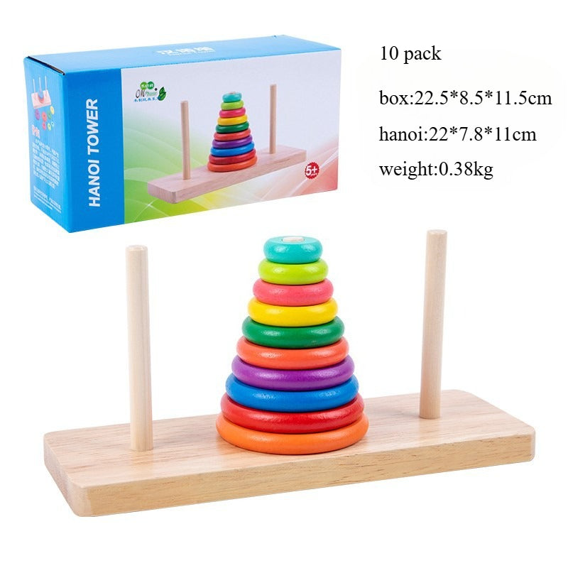 Colorful Hanoi Tower toy with packaging and dimensions displayed.
