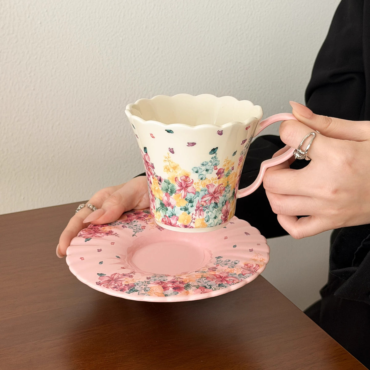 Floral Ceramic Coffee Cup and Saucer Set