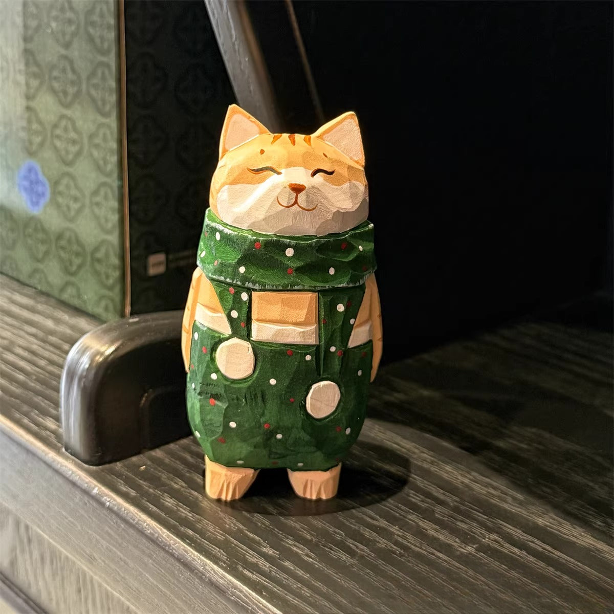 Hand-Carved Wooden Cat Desktop Ornament