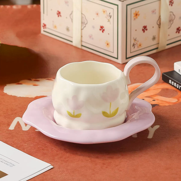 Purple Tulip Ceramic Coffee Cup and Saucer Set