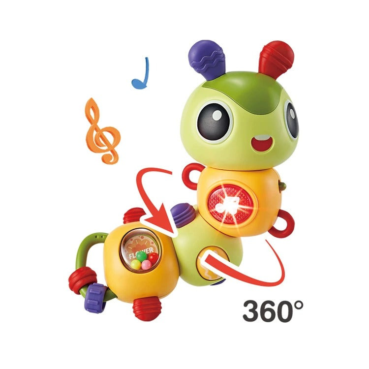 Colorful toy caterpillar with music notes and a 360-degree symbol on a white background