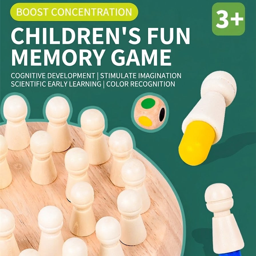 Children's fun memory game with wooden pieces and colorful pegs on a green background.