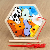 Hexagonal wooden puzzle with colorful animal figures on a wooden surface