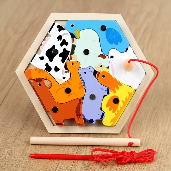 Hexagonal wooden puzzle with colorful animal figures on a wooden surface