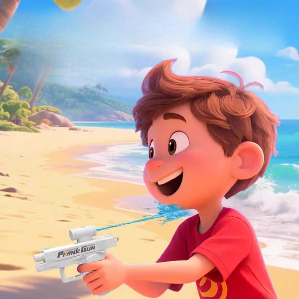Animated character holding a toy gun on a beach