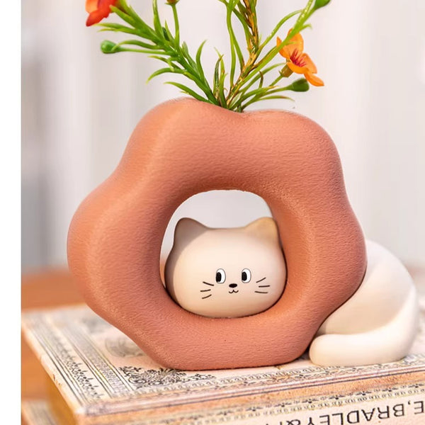 Mischievous Cat Vase and Artificial Flower Ornament