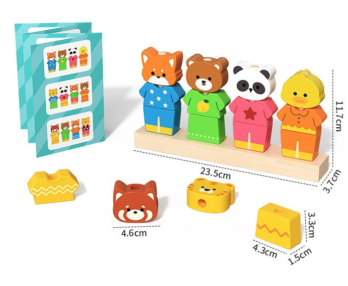 Set of colorful animal-shaped blocks with a stand and packaging on a white background