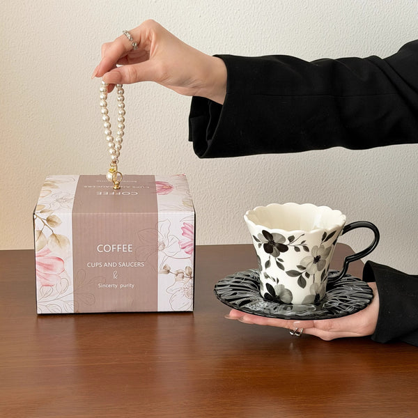 Floral Ceramic Coffee Cup and Saucer Set