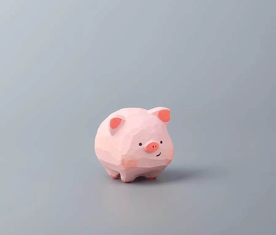 Hand-Carved Wooden Pig Figurine Set