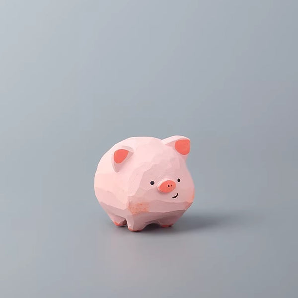 Hand-Carved Wooden Pig Figurine Set