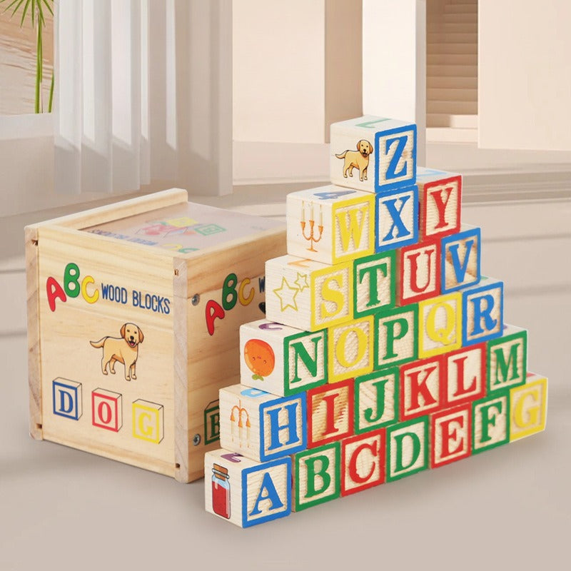 Classic Wooden ABC & Picture Blocks with Storage Box (27 Pcs)