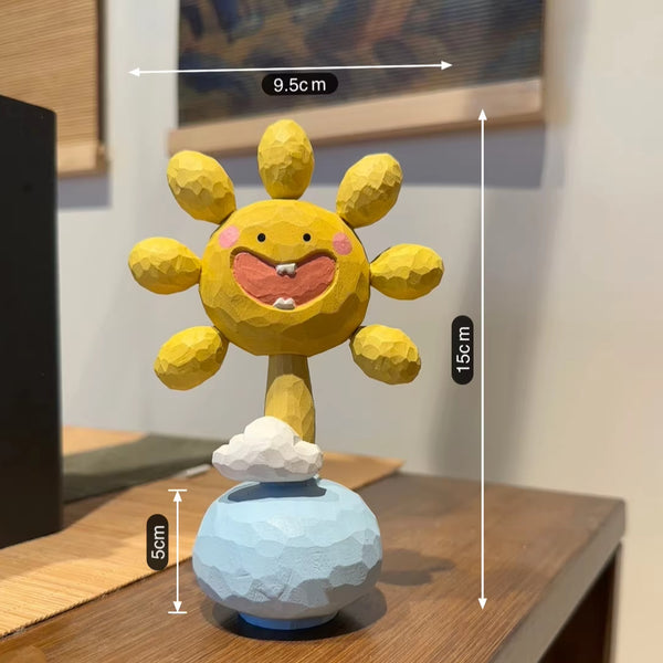Hand-Carved Wooden Sunflower Desk Ornament
