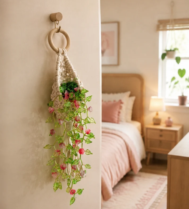 A crocheted macrame wall hanger with a wooden ring hook, holding a faux green trailing plant with pink flowers, shown hanging on a beige wall in a softly lit bedroom.