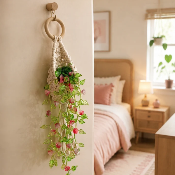A crocheted macrame wall hanger with a wooden ring hook, holding a faux green trailing plant with pink flowers, shown hanging on a beige wall in a softly lit bedroom.