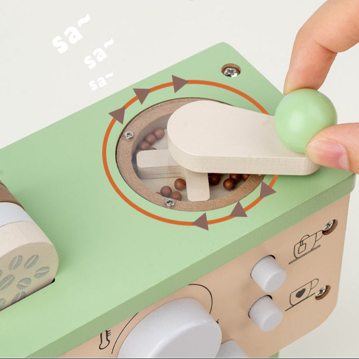 Toy coffee grinder with a hand interacting with it, labeled 'Real sound effect experience'.
