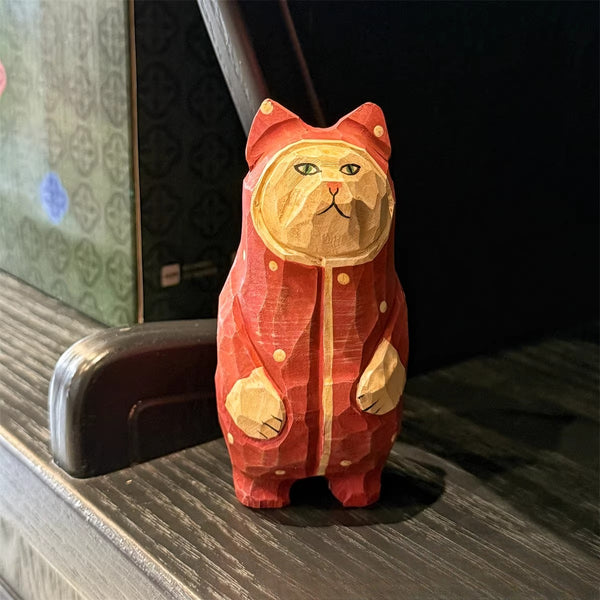 Hand-Carved Wooden Cat Desktop Ornament