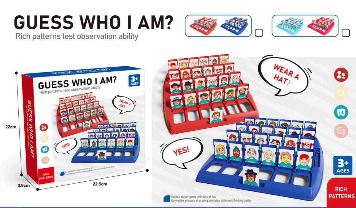 Guess Who I Am game set with cards and display stand on a white background