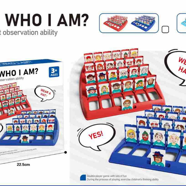 Guess Who I Am game set with cards and display stand on a white background