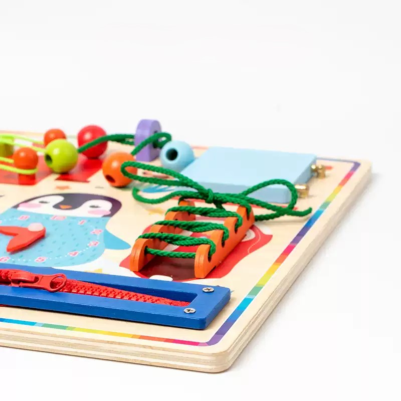 Wooden busy board size chart showing approximately 40 by 30 cm with close-up activity details.