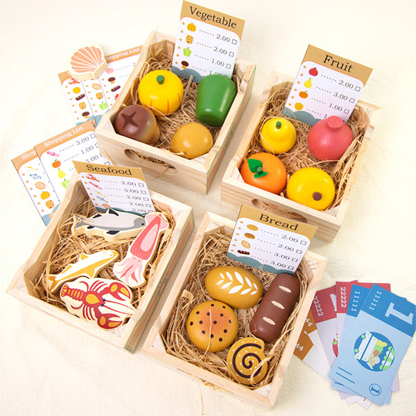 Little Market Wooden Play Food Set – 17-Piece Grocery & Sorting Kit
