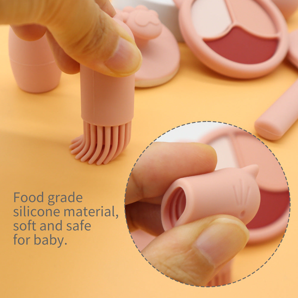 Close-up details of soft silicone pretend makeup toys with rounded edges