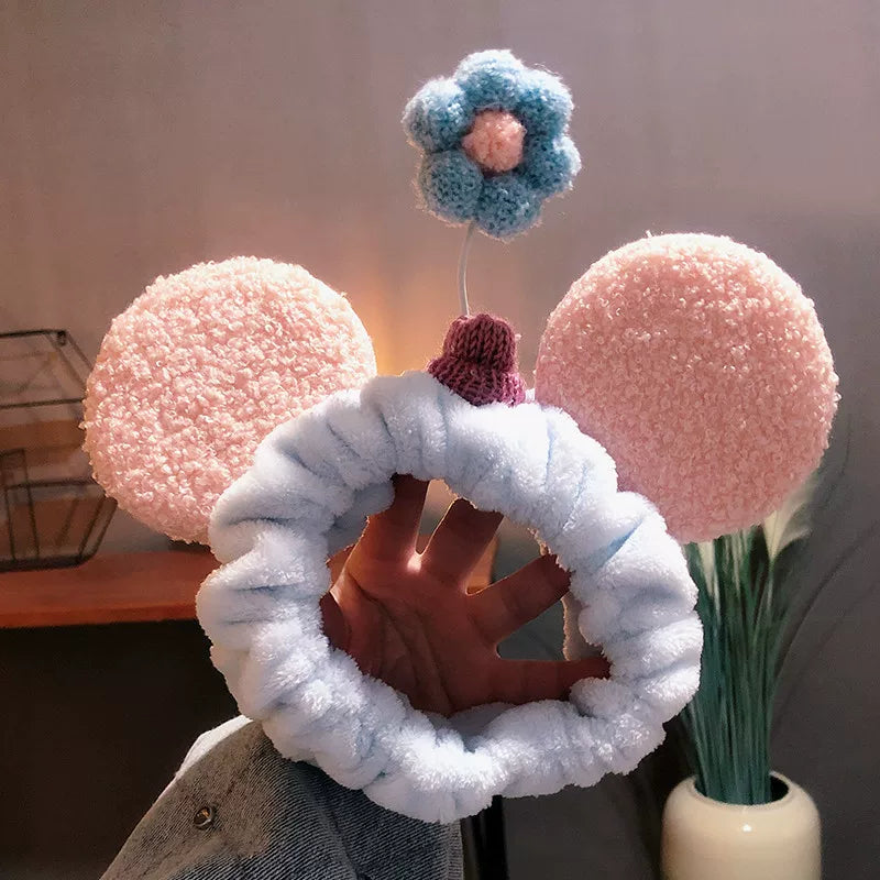 Plush Mouse Ears & Flower Skincare Headband