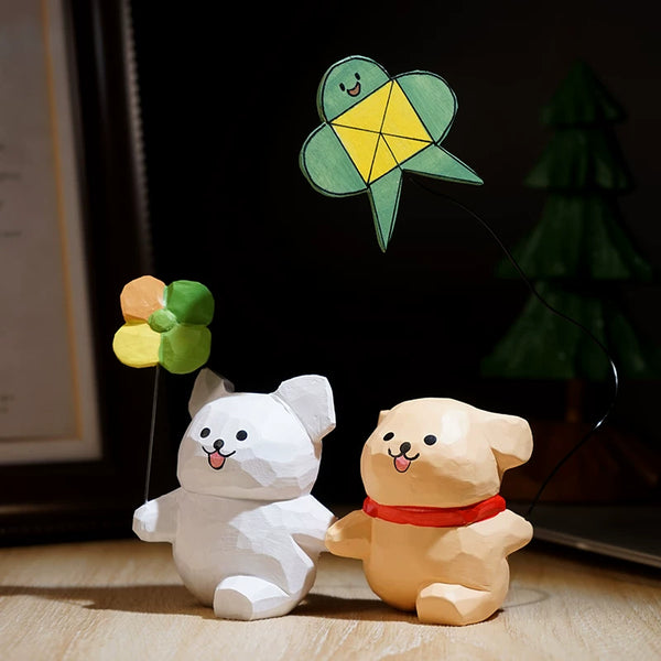 Hand-Carved Wooden Playful Puppy Figurine