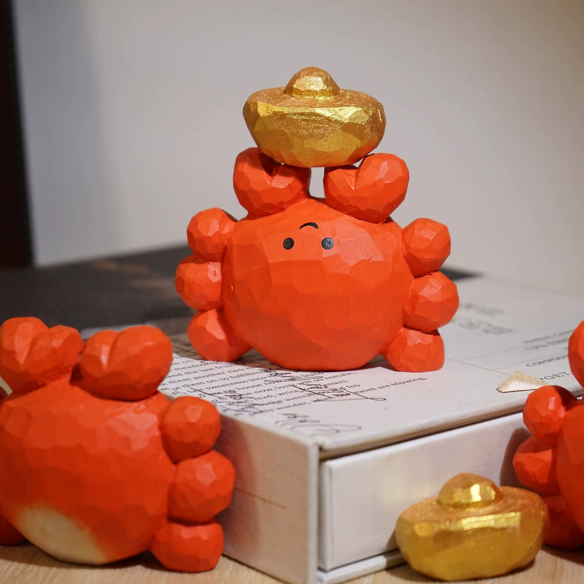 Hand-Carved Wooden Crab with Gold Ingot Ornament
