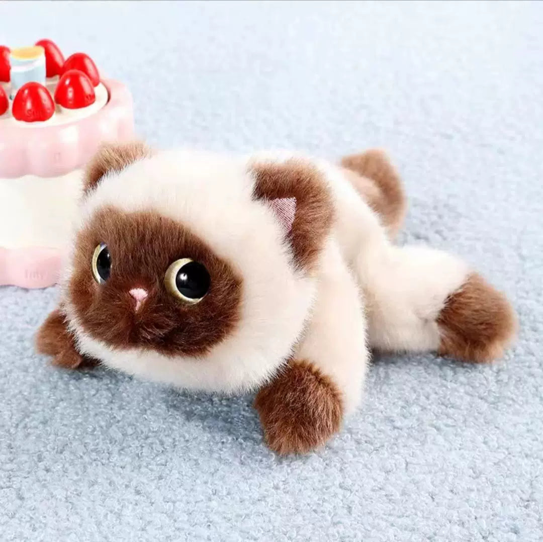Plush toy cat with brown and white fur on a light gray surface