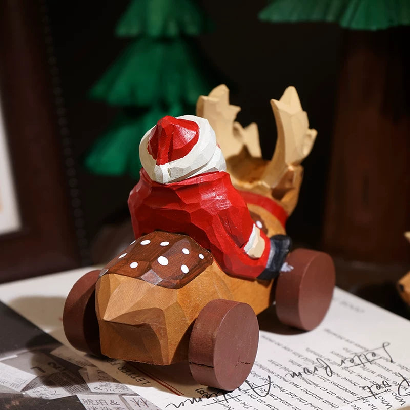 Hand-Carved Wooden Santa and Reindeer Sleigh Ornament FantastiKurios