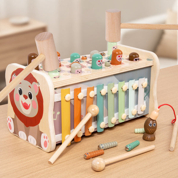 Wooden 5-in-1 Lion Activity Hub – Whack-a-Mole, Xylophone & Magnetic Fishing Toy